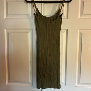 Revamped Olive Green Ribbed Knit Midi Dress with Chain Straps